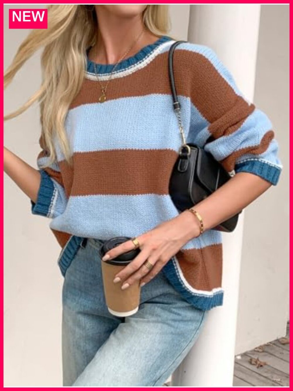 Oversized Knitted Striped Color Block Long Sleeve Crew Neck Pullover Sweater - Picture 2 of 6